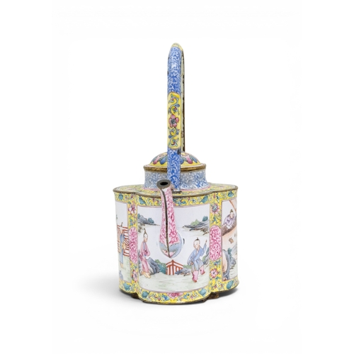 54 - A FINE CHINESE CANTON ENAMEL FAMILLE ROSE LOBED TEAPOT WITH UPRIGHT HANDLEEARLY QIANLONG, CIRCA 1740... 