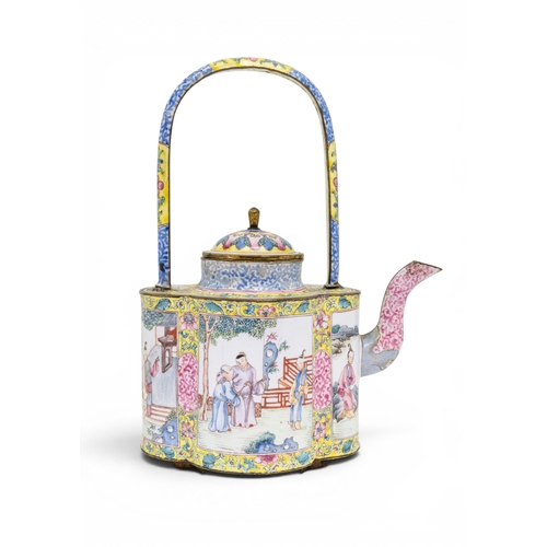 54 - A FINE CHINESE CANTON ENAMEL FAMILLE ROSE LOBED TEAPOT WITH UPRIGHT HANDLEEARLY QIANLONG, CIRCA 1740... 