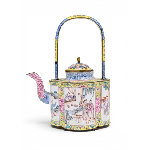 54 - A FINE CHINESE CANTON ENAMEL FAMILLE ROSE LOBED TEAPOT WITH UPRIGHT HANDLEEARLY QIANLONG, CIRCA 1740... 