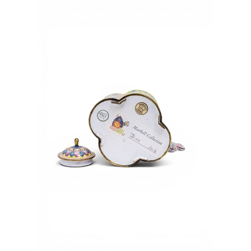 54 - A FINE CHINESE CANTON ENAMEL FAMILLE ROSE LOBED TEAPOT WITH UPRIGHT HANDLEEARLY QIANLONG, CIRCA 1740... 