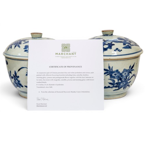 45 - AN IMPRESSIVE PAIR OF CHINESE PORCELAIN BLUE AND WHITE JARDINIERES AND COVERSTRANSITIONAL, CIRCA 164... 