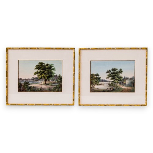 11 - A VERY FINE PAIR OF CHINESE GOUACHE AND WATERCOLOUR PAINTINGS ON PAPERCIRCA 1856清 珠江地区人物风景水粉画约1856年h... 