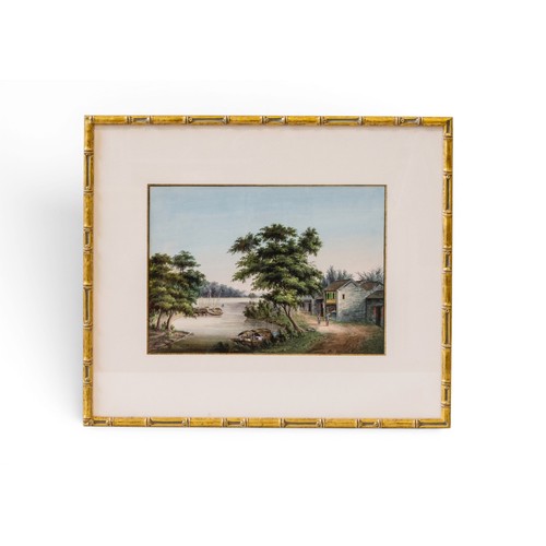 11 - A VERY FINE PAIR OF CHINESE GOUACHE AND WATERCOLOUR PAINTINGS ON PAPERCIRCA 1856清 珠江地区人物风景水粉画约1856年h... 