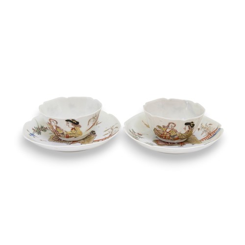 7 - A FINE PAIR OF CHINESE PORCELAIN SEMI-EGGSHELL TEABOWLS AND SAUCERSYONGZHENG, 1723-1735清雍正 粉彩花鸟人物杯碟o... 