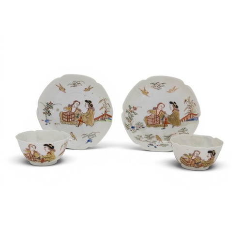 7 - A FINE PAIR OF CHINESE PORCELAIN SEMI-EGGSHELL TEABOWLS AND SAUCERSYONGZHENG, 1723-1735清雍正 粉彩花鸟人物杯碟o... 
