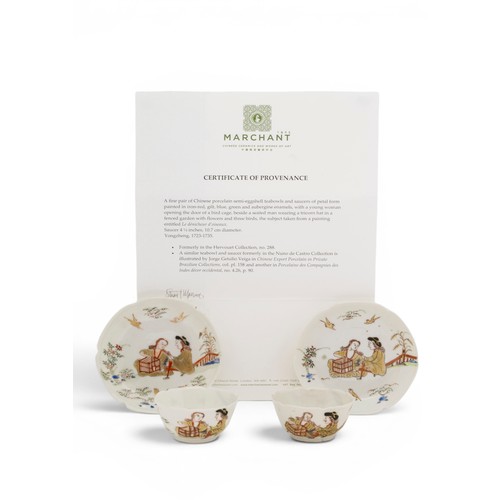 7 - A FINE PAIR OF CHINESE PORCELAIN SEMI-EGGSHELL TEABOWLS AND SAUCERSYONGZHENG, 1723-1735清雍正 粉彩花鸟人物杯碟o... 