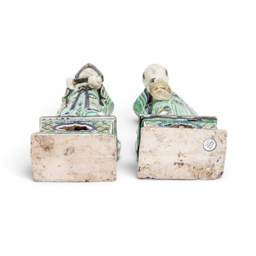 6 - A RARE PAIR OF CHINESE FAMILLE VERTE BISCUIT PORCELAIN FIGURES OF THE STANDING IMMORTALS LAN CAIHE H... 