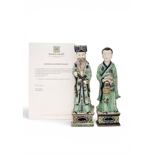 6 - A RARE PAIR OF CHINESE FAMILLE VERTE BISCUIT PORCELAIN FIGURES OF THE STANDING IMMORTALS LAN CAIHE H... 