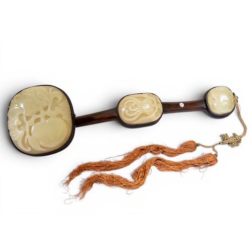 1 - A RARE CHINESE WOODEN RUYI SCEPTRE18TH-19TH CENTURY清 十八/十九世纪  红木嵌白玉如意inset with three jade plaques o... 