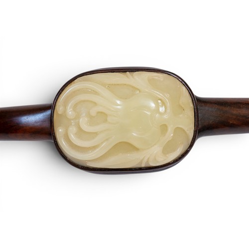 1 - A RARE CHINESE WOODEN RUYI SCEPTRE18TH-19TH CENTURY清 十八/十九世纪  红木嵌白玉如意inset with three jade plaques o... 