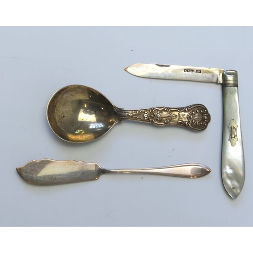36 - A MIXED GROUP OF SILVER FLAT WAREthe lot includes an ornate Victorian bright cut fork and spoon, a b... 
