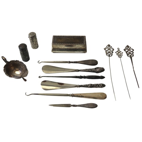 37 - A MIXED GROUP OF SILVER WAREthe lot includes a silver and tortoise shell ring box, a small sauceboat... 