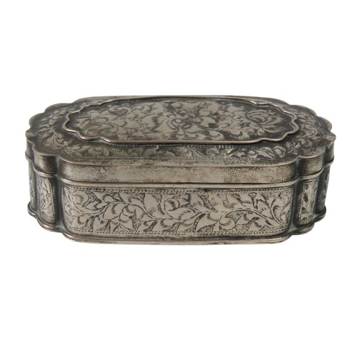 41 - AN INDIAN SILVER CARTOUCHE FORM BOXwith chased scroll foliate decoration3.5 x 12.2 x 5.8 cm72 grams... 