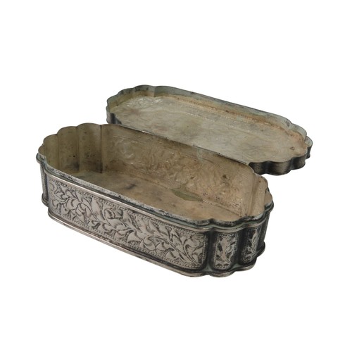 41 - AN INDIAN SILVER CARTOUCHE FORM BOXwith chased scroll foliate decoration3.5 x 12.2 x 5.8 cm72 grams... 