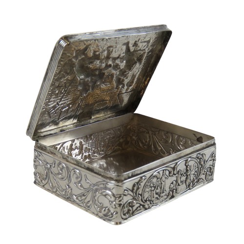 53 - A DUTCH SILVER REPOUSSE TRINKET BOXthe hinged cover with a relief tavern scene, the sides decorated ... 