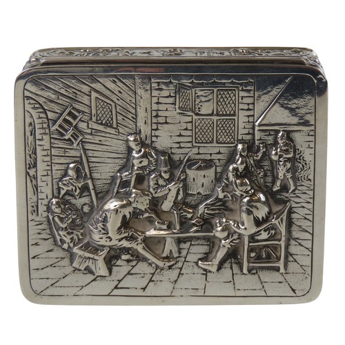 53 - A DUTCH SILVER REPOUSSE TRINKET BOXthe hinged cover with a relief tavern scene, the sides decorated ... 