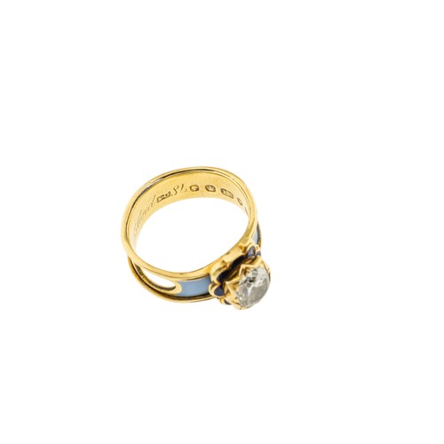 203 - A MID 19TH CENTURY DIAMOND AND ENAMEL MOURNING RING, the central old mine cut diamond, estimated to ... 
