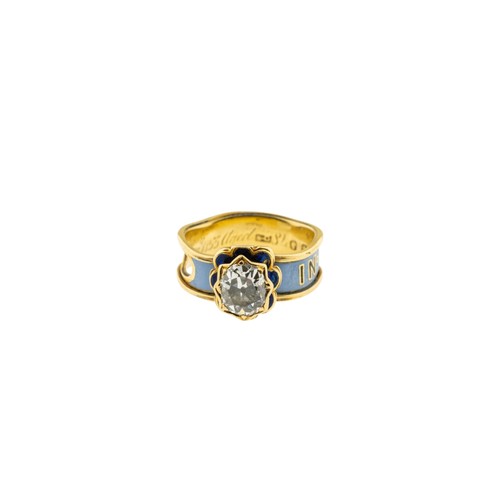203 - A MID 19TH CENTURY DIAMOND AND ENAMEL MOURNING RING, the central old mine cut diamond, estimated to ... 