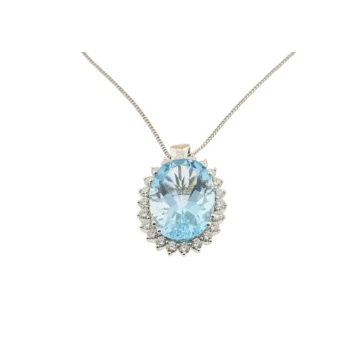 220 - AN 18 CARAT GOLD AQUAMARINE AND DIAMOND PENDANT,the oval cut aquamarine claw set within a surround o... 