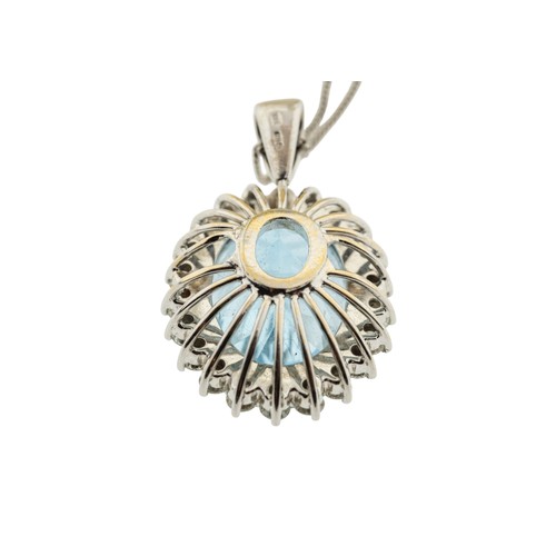 220 - AN 18 CARAT GOLD AQUAMARINE AND DIAMOND PENDANT,the oval cut aquamarine claw set within a surround o... 