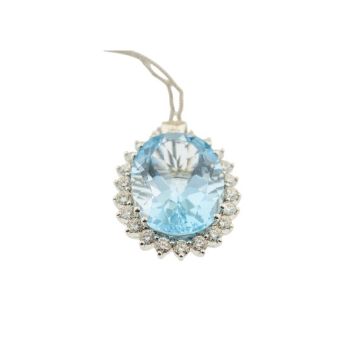 220 - AN 18 CARAT GOLD AQUAMARINE AND DIAMOND PENDANT,the oval cut aquamarine claw set within a surround o... 