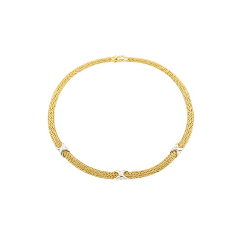 230 - AN ITALIAN 18 CARAT GOLD NECKLACE,composed of polished links in a plaited design, accented with thre... 