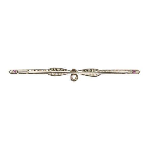 214 - AN ART DECO FRENCH PLATINUM DIAMOND, PEARL AND RUBY BROOCH,the central 5mm pearl on a ribbon bow mou... 