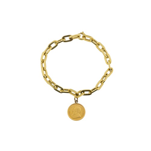 210 - A 1984 1/10 KRUGERRAND COIN,mounted on a 14 carat gold oval link chain.Stamped 585. Maker's mark AD.... 