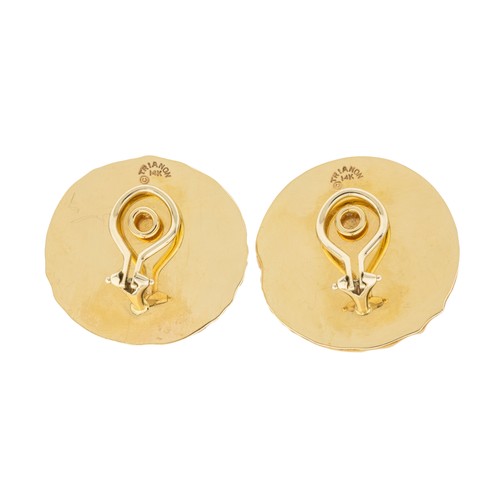 238 - A PAIR OF SHELL AND TURQUOISE EAR CLIPS BY TRIANON, each shell set with a circular cabochon turquois... 