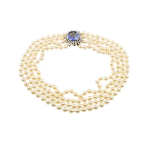 226 - A CULTURED PEARL, DIAMOND AND SYNTHETIC SAPPHIRE NECKLACE,the four rows of uniform 8mm cultured pear... 