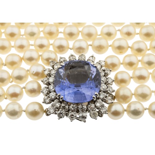 226 - A CULTURED PEARL, DIAMOND AND SYNTHETIC SAPPHIRE NECKLACE,the four rows of uniform 8mm cultured pear... 