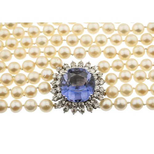 226 - A CULTURED PEARL, DIAMOND AND SYNTHETIC SAPPHIRE NECKLACE,the four rows of uniform 8mm cultured pear... 