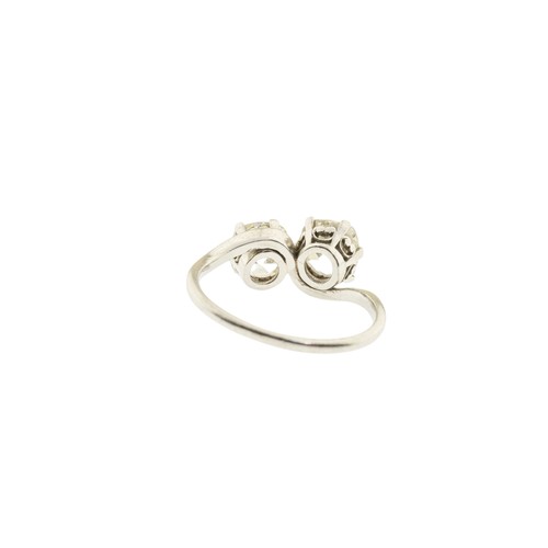 225 - A DIAMOND TWO STONE RING,set with two cushion shaped old cut diamonds, approximately 2.60 carats tot... 