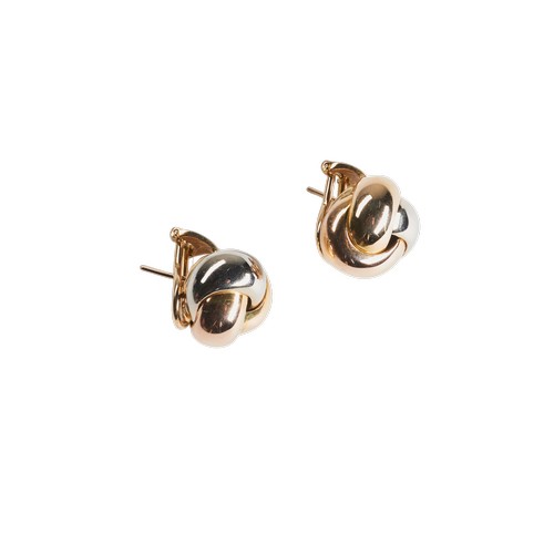 229 - A PAIR OF 18 CARAT GOLD TRINITY KNOT EARRINGS BY CARTIER, designed as tri coloured polished knots. W... 