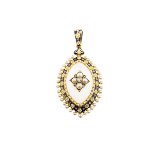 200 - A MID VICTORIAN ROCK CRYSTAL, PEARL, DIAMOND AND ENAMEL PENDANT, CIRCA 1870,the navette shaped rock ... 