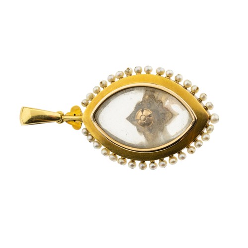 200 - A MID VICTORIAN ROCK CRYSTAL, PEARL, DIAMOND AND ENAMEL PENDANT, CIRCA 1870,the navette shaped rock ... 