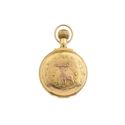265 - AN AMERICAN 14K GOLD HUNTING CASED KEYLESS LEVER WATCHdamascened full plate movement signed American... 