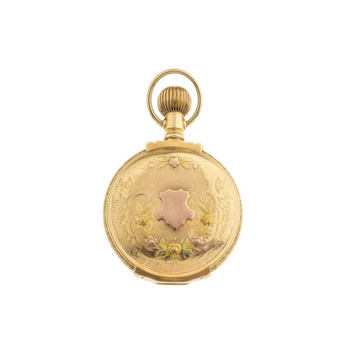 265 - AN AMERICAN 14K GOLD HUNTING CASED KEYLESS LEVER WATCHdamascened full plate movement signed American... 