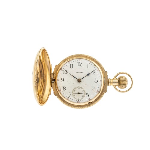 265 - AN AMERICAN 14K GOLD HUNTING CASED KEYLESS LEVER WATCHdamascened full plate movement signed American... 