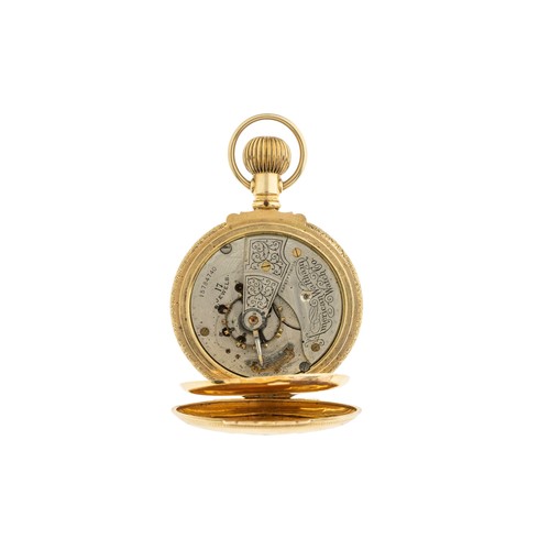265 - AN AMERICAN 14K GOLD HUNTING CASED KEYLESS LEVER WATCHdamascened full plate movement signed American... 