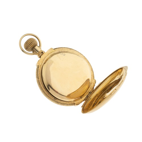 265 - AN AMERICAN 14K GOLD HUNTING CASED KEYLESS LEVER WATCHdamascened full plate movement signed American... 