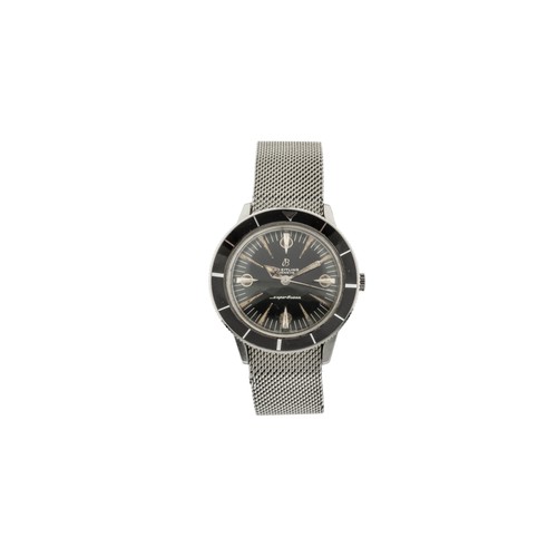 BREITLING: A STEEL SUPER OCEAN WRISTWATCH, Ref 1004; black dial signed Breitling, Geneve, Super Ocean.  Centre seconds, circular indexes at the cardinal points and sharp triangular indexes elsewhere; the fully signed case back stamped 20 ATM 660 feet, concave bi-directional bezel, on steel mesh bracelet, 39mm, circa 1957.