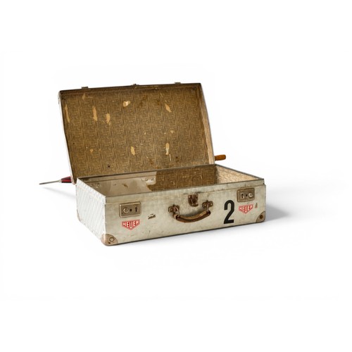 254 - HEUER METAL CASE with tan leather handle and tan leather straps attaching a Uniroyal branded umbrell... 