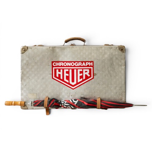 254 - HEUER METAL CASE with tan leather handle and tan leather straps attaching a Uniroyal branded umbrell... 