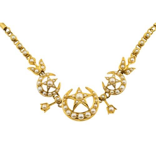 205 - A LATE VICTORIAN GOLD AND PEARL NECKLACE, CIRCA 1880,the central section designed as crescents and s... 