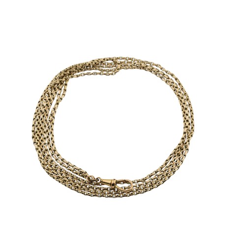 206 - A GOLD COLOURED GUARD CHAIN,composed of facetted belcher links, with a lobster claw clasp. Unmarked.... 