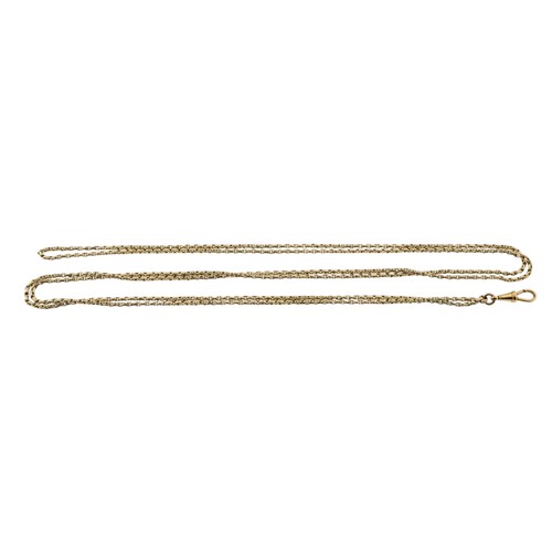 206 - A GOLD COLOURED GUARD CHAIN,composed of facetted belcher links, with a lobster claw clasp. Unmarked.... 