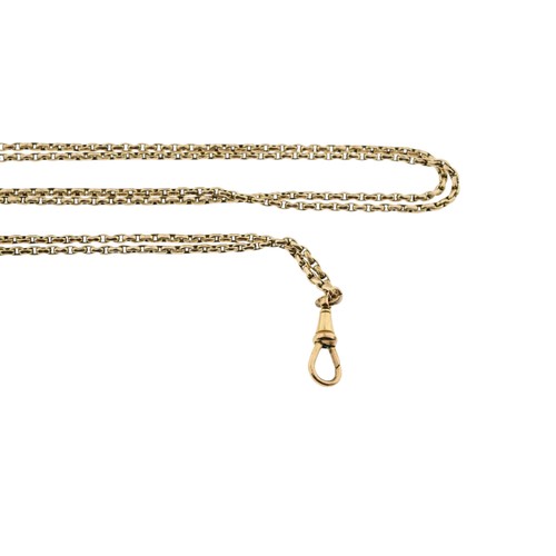 206 - A GOLD COLOURED GUARD CHAIN,composed of facetted belcher links, with a lobster claw clasp. Unmarked.... 