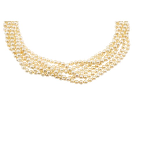 222 - A CULTURED PEARL AND ENAMEL NECKLACE,the five rows of uniform 4mm cultured pearls, to a green enamel... 