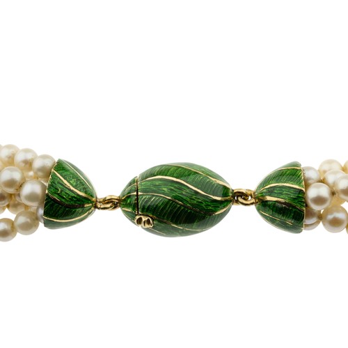 222 - A CULTURED PEARL AND ENAMEL NECKLACE,the five rows of uniform 4mm cultured pearls, to a green enamel... 